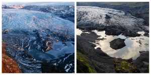 アイスランドのソルヘイマ氷河。左側2009年12月撮影。右側2011年７月撮影 (Extreme Ice Survey/James Balog)