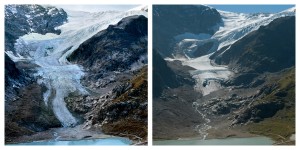 スイスのシュタイン氷河。左側は2006年９月に、右側は2012年９月に撮影 (Extreme Ice Survey/James Balog)