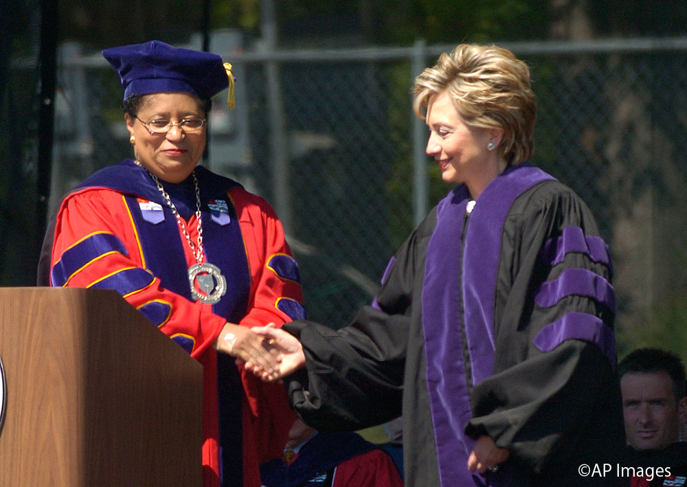 Sen. Hillary Rodham Clinton, D-New York, right, shakes hands with Rensselaer Polytechnic Institute President Shirley Ann Jackson during commencement excercises in Troy, N.Y. Saturday, May, 21, 2005. (AP Photo/Tim Roske) 