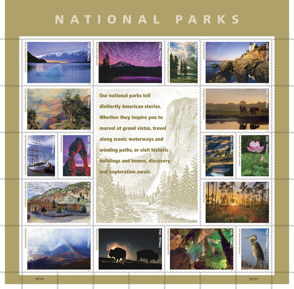 国立公園局創設100周年祝して米国郵政公社が発売した16枚の記念切手。国立公園や、関連する動植物、建造物が描かれている (U.S. Postal Service photo)