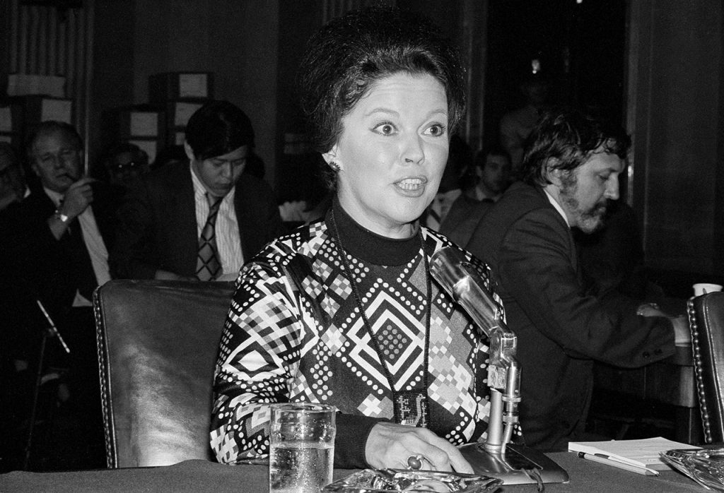 Shirley Temple Black appears before the Senate Foreign Relations Committee in Washington on her appointment to be ambassador to Ghana, Sept. 11, 1974. (AP Photo)