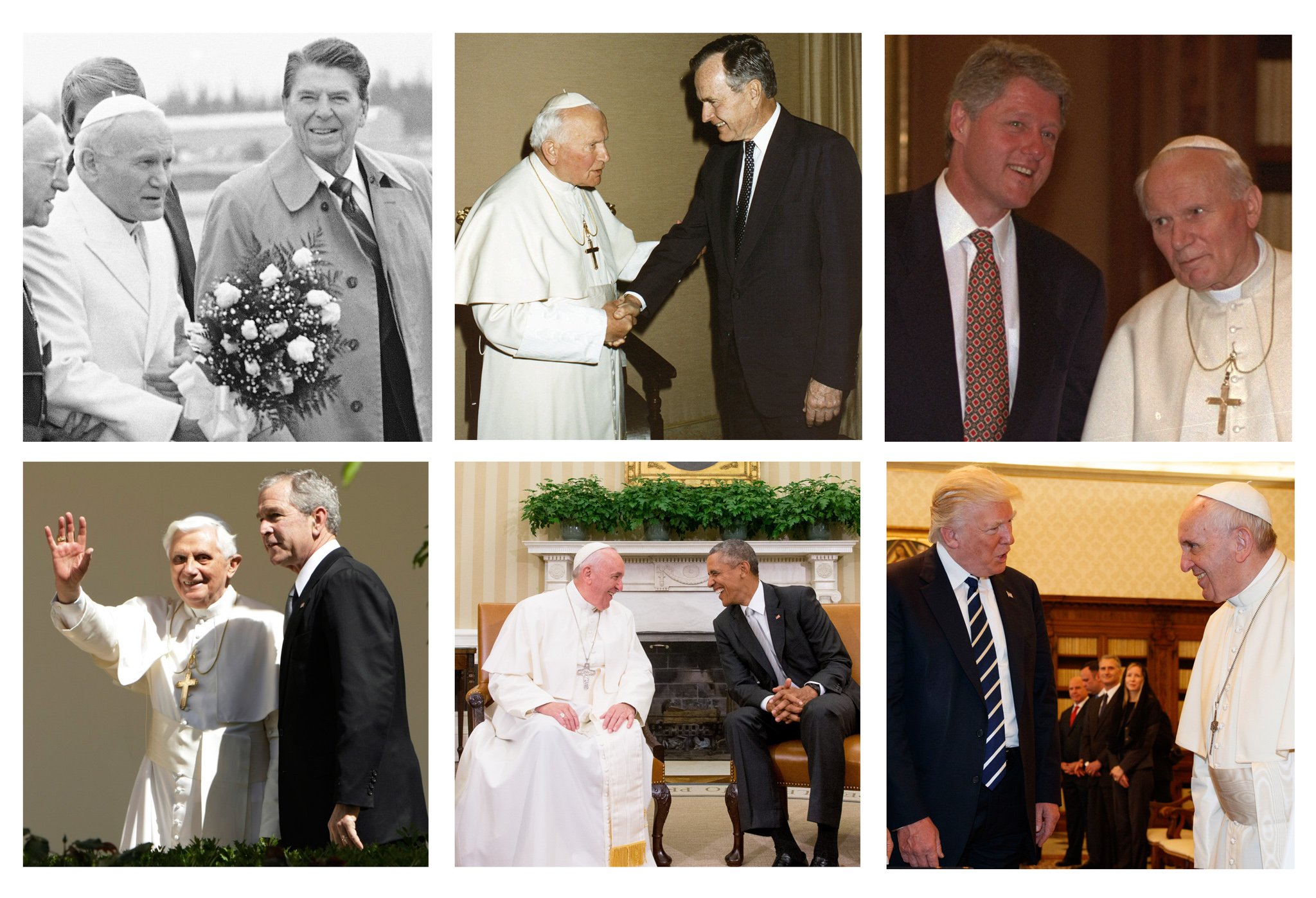 上段左から：ロナルド・レーガン大統領とローマ教皇ヨハネ・パウロ2世。ジョージ・H・W・ブッシュ大統領とヨハネ・パウロ2世。ビル・クリントン大統領とヨハネ・パウロ2世<br /> 下段左から：ジョージ・W・ブッシュ大統領とローマ教皇ベネディクト16世。バラク・オバマ大統領とローマ教皇フランシスコ。ドナルド・トランプ大統領とフランシスコ (All images © AP Images)