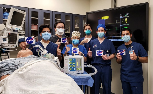 Doctors pose for a photo at the Icahn School of Medicine at Mount Sinai in New York after testing NASA’s new ventilator prototype. (Icahn School of Medicine/NASA/JPL-Caltech)