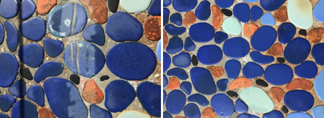 Pool tiles before (left) and after (right) restoration