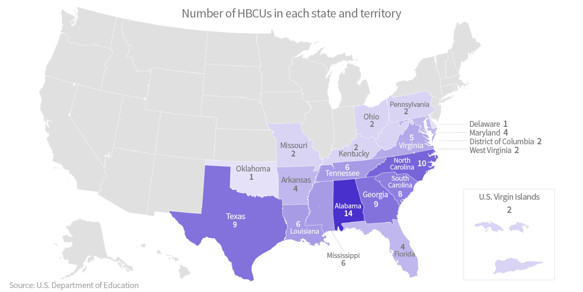 各州（準州を含む）にあるHBCU校の数。クリックで拡大