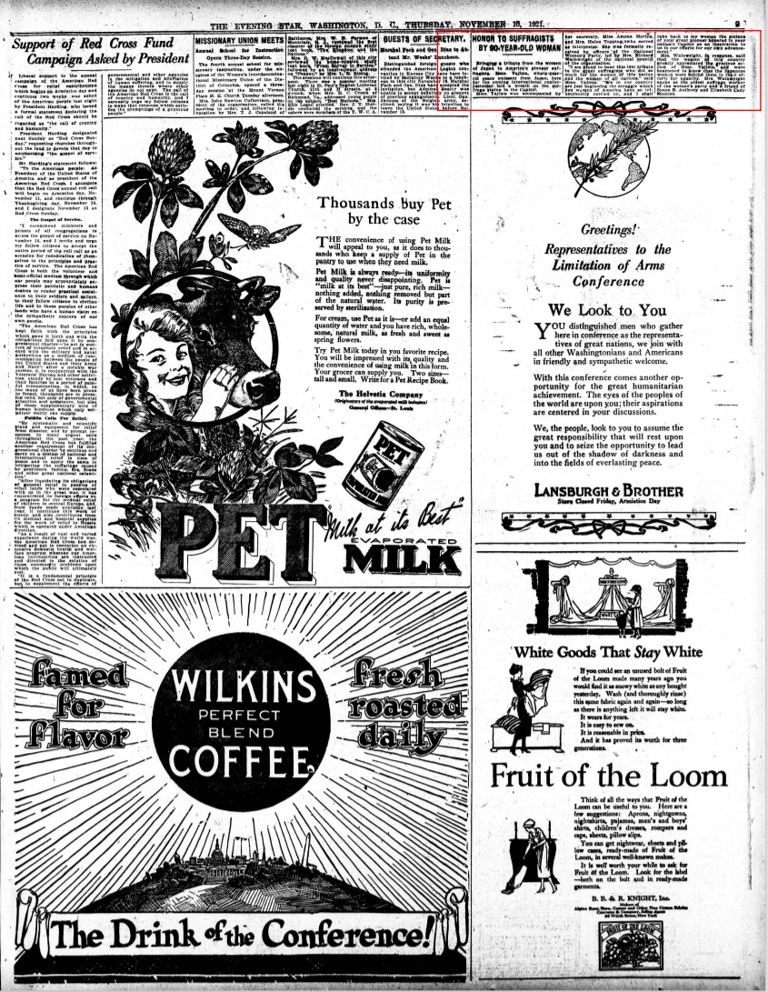 楫子の訪問を報じるEvening Starの紙面（1921年11月10日）。式典でのあいさつ文も掲載されている。クリックで拡大 (Library of Congress)