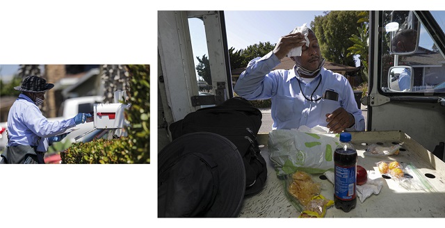 James Daniels (left) delivers mail. Daniels stops for a lunch break (right) while on his route. (© Irfan Khan/Los Angeles Times/Getty Images)