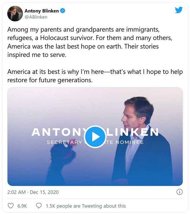 「私の両親や祖父母の中には、移民、難民、ホロコーストの生存者がいます。彼らや他の多くの人々にとって、米国は地球上で最後の希望でした。彼らの話に触発され、私は公職に就くことにしたのです。米国を最善にするために私は仕えています。将来の世代のため、米国再興の一助になれればと思っています」―― アントニー・ブリンケン　2020年12月15日