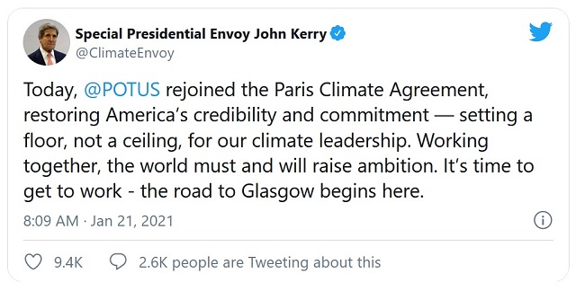 「バイデン大統領は本日、パリ協定に復帰した。アメリカの信頼と関与を回復し、気候変動問題におけるリーダーシップに関して、上限ではなく最低条件を整備する。世界で協力し、志を高めていくのだ。今こそ行動の時だ。グラスゴーへの道はここから始まる」――ジョン・ケリー気候問題担当大統領特使