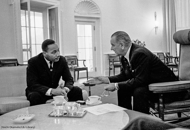 Martin Luther King Jr. talks with President Lyndon B. Johnson. (Yoichi Okamoto/LBJ Library)