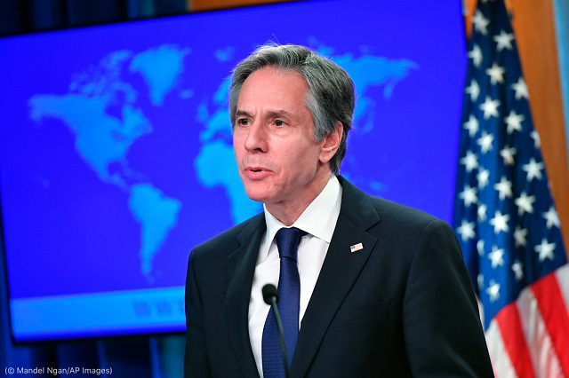 Secretary of State Blinken presents the State Department’s 2020 human rights reports, which show violations increasing around the globe. (© Mandel Ngan/AP Images)