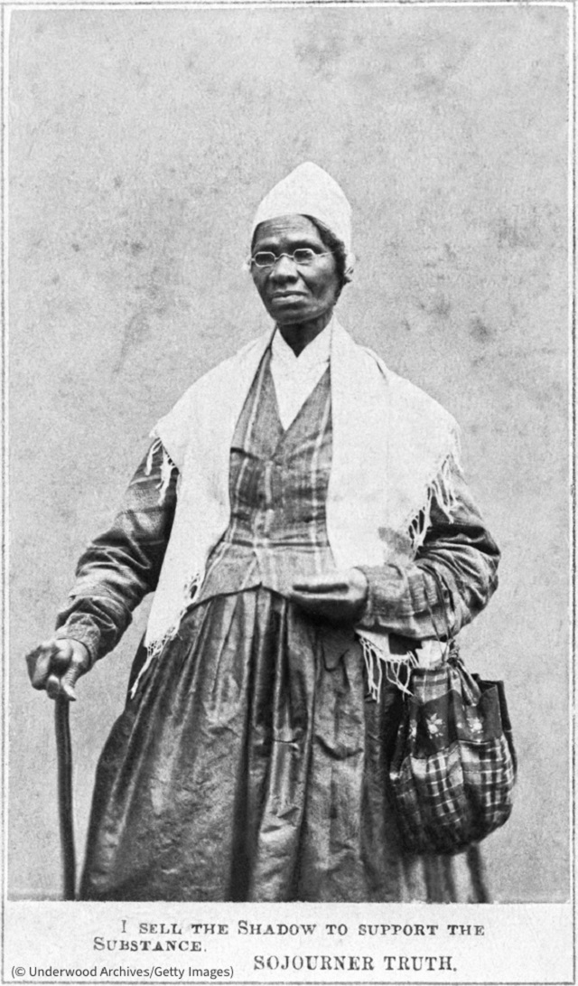 奴隷制廃止と女性権利を訴えてきたソジャーナ・トゥルース。1864年撮影。写真下には「私は実体のために影を売る」と書かれている (© Underwood Archives/Getty Images)