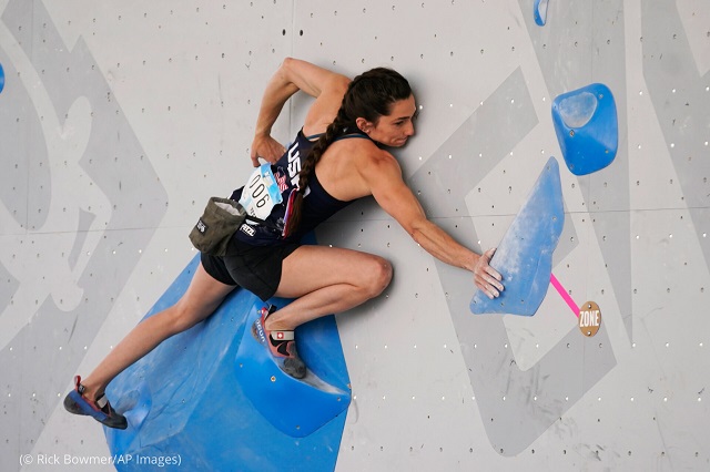 Kyra Condie climbs during women’s boulder qualification at the Climbing World Cup May 21 in Salt Lake City. (© Rick Bowmer/AP Images)