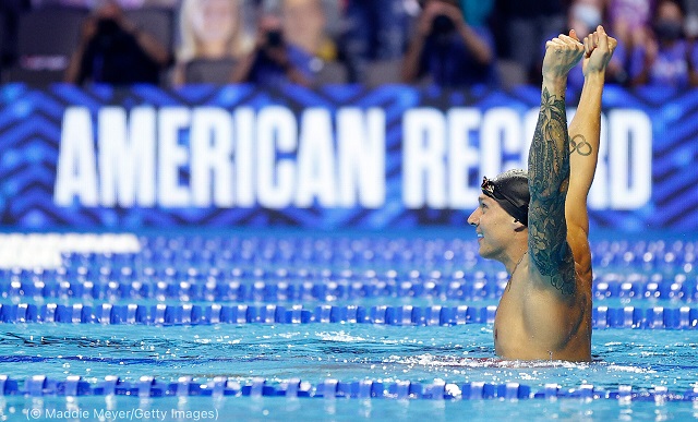 Caeleb Dressel sets a U.S. record in the men’s 50-meter freestyle final at the U.S. Olympic Swimming Trials. (© Maddie Meyer/Getty Images)