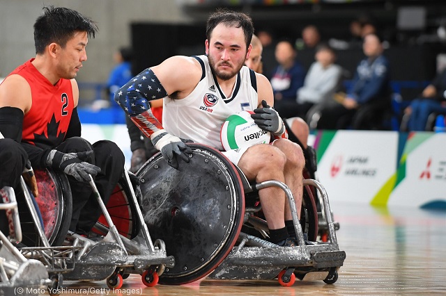 Chuck Aoki (right) competes in a match between the United States and Canada at the 2019 World Wheelchair Rugby Challenge in Tokyo. (© Moto Yoshimura/Getty Images)