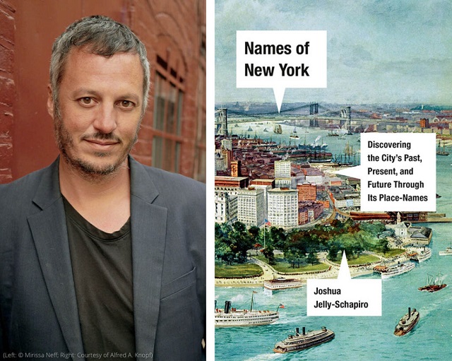 Joshua Jelly-Schapiro, left, and, at right, the cover of his book, showing an illustration of a much earlier lower Manhattan looking uptown (Left: © Mirissa Neff. Right: Courtesy of Alfred A. Knopf)