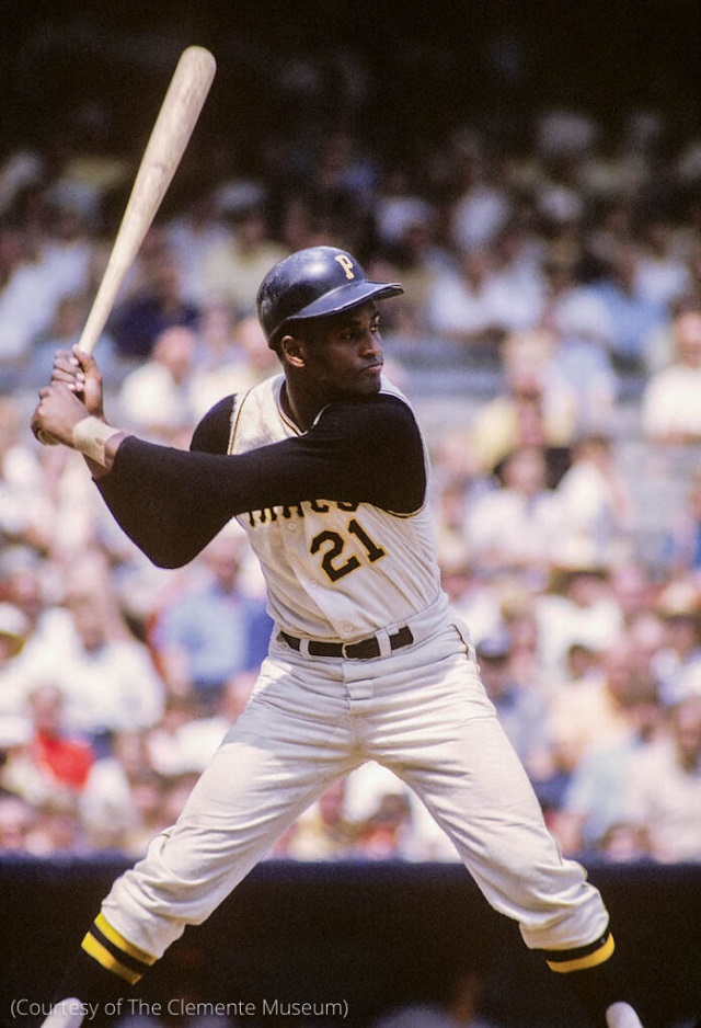 Roberto Clemente at bat at Forbes Field in Pittsburgh around 1967 (Courtesy of The Clemente Museum)