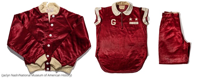 The Smithsonian is exhibiting the team uniform Marge Villa wore when she was 13 years old and played in Los Angeles for a team called the Garvey Stars. (Gift of Marge Villa Cryan and Renée Soderquist. Photo by Jaclyn Nash/National Museum of American History)