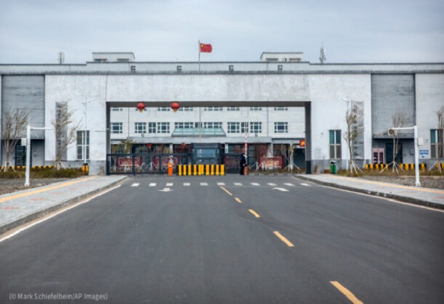 The People’s Republic of China has interned more than 1 million Uyghurs and other minority group members in detention centers such as this one, called Urumqi Number 3, in Xinjiang. (© Mark Schiefelbein/AP Images)