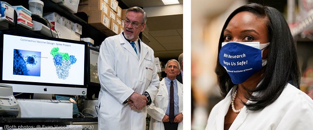 コロナワクチンについて議論するグラハム博士（左）。研究室で働くコーベット博士 (© Evan Vucci/AP Images)