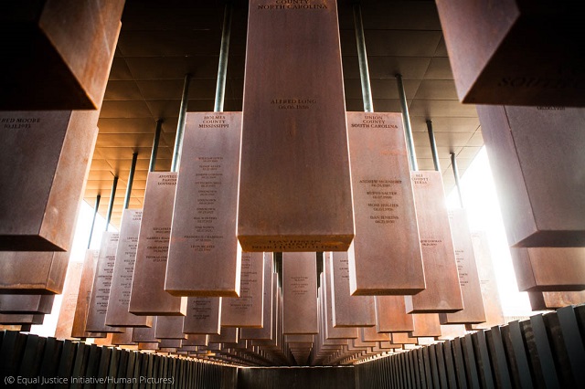 The National Memorial for Peace and Justice in Montgomery, Alabama, stands close to the site of a former enslavers market. (© Equal Justice Initiative∕Human Pictures)