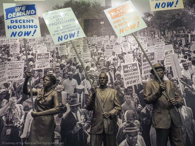 An exhibition at the National Civil Rights Museum about the March on Washington. On August 28, 1963, 250,000 people from many races, religions and backgrounds marched together in orderly protest. (Courtesy of the National Civil Rights Museum)