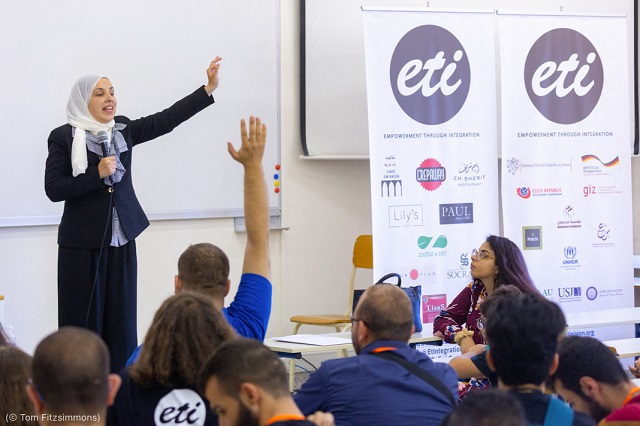 Minkara speaks to volunteers supporting ETI in Beirut in July 2019. (© Tom Fitzsimmons)