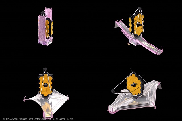 ジェームズ・ウェッブ宇宙望遠鏡の構成要素が展開されていく様子を示すアニメーション画像の組み合わせ。2021年12月、NASAが公開した (© NASA/Goddard Space Flight Center Conceptual Image Lab/AP Images)