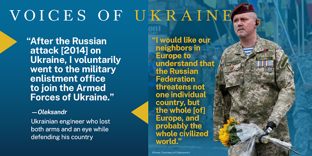 オレクサンドルは祖国を守る戦いで両腕と片目を失ったウクライナ人技師。「ロシアのウクライナ攻撃（2014年）の後、ウクライナ軍への入隊を志願しました」と語る (State Dept./M. Gregory)