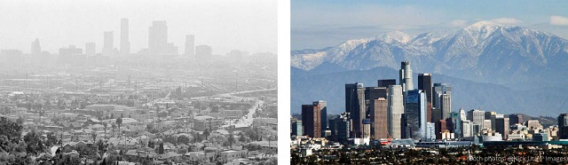 Left: A pall of smog over Los Angeles. Right: Snow-capped San Gabriel Mountains provide a backdrop to the downtown Los Angeles skyline. (© Nick Ut/AP Images)