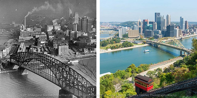 Pittsburgh at the junction of the Monongahela and Allegheny rivers in 1936, left, and in 2014, right (Left photo © Margaret Bourke-White/The LIFE Picture Collection/Getty Images. Right photo © Clarence Holmes Photography/Alamy)