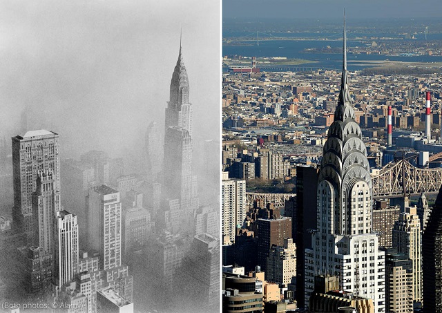Smog hangs over New York’s Chrysler Building in 1953 (left). Fine-particulate pollution dropped 40% over the past 20 years, bringing the cleaner air photographed in 2011 (right). (Both photos: © Alamy)