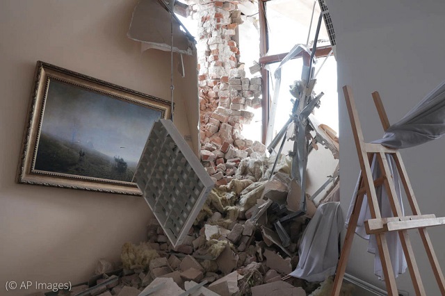 A hallway in a museum dedicated to Russian landscape artist Arkhip Kuindzhi was destroyed after shelling in an area controlled by Russian forces in Mariupol, Ukraine, April 28 (© AP Images)