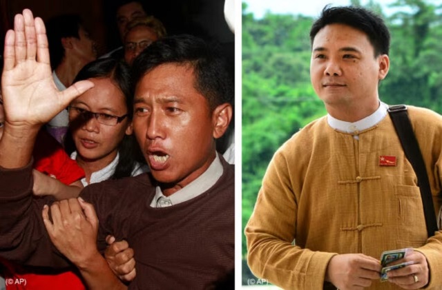 Kyaw Min Yu, better known as Ko Jimmy, seen in 2012 on left, and Phyo Zeya Thaw, seen in 2015, were among the pro-democracy advocates Burma’s military regime executed in July 2022. (© AP)