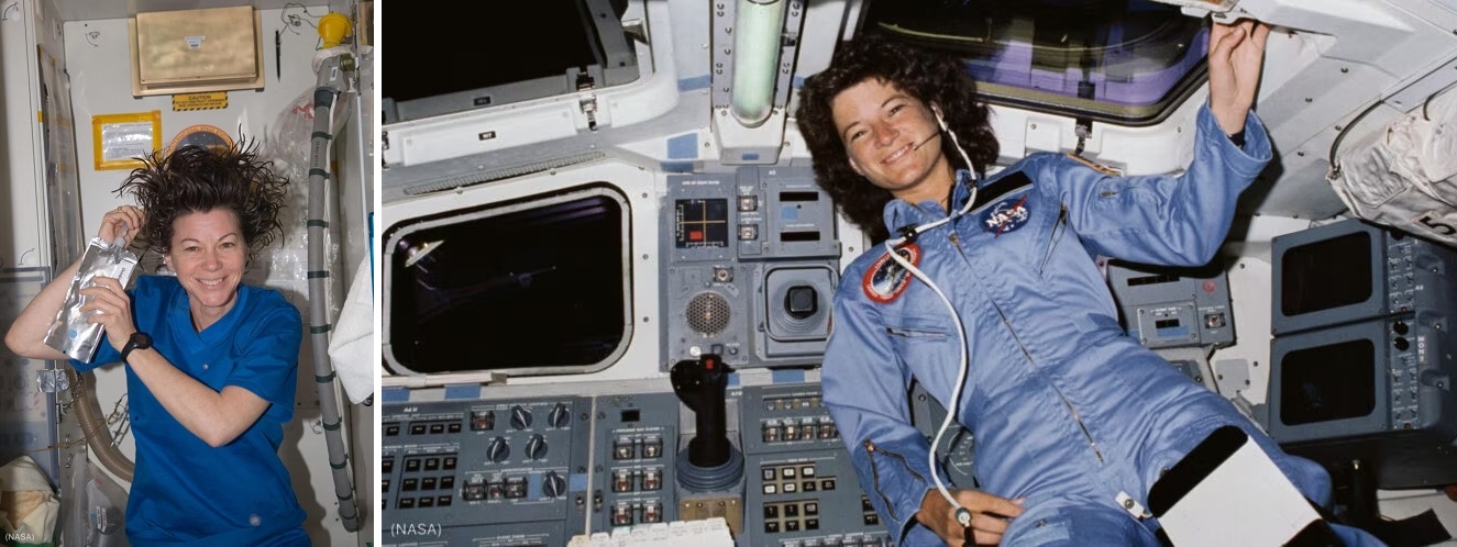 左：宇宙で洗髪するキャディ・コールマン (NASA)　<br /> 右：1983年のSTS-7ミッションに参加する宇宙飛行士のサリー・ライド (NASA)