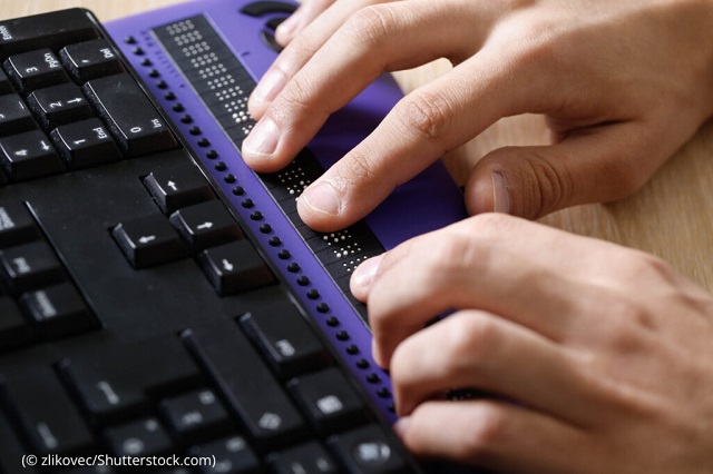 Braille keyboards allow vision impaired and blind users to use computing technologies. (© zlikovec/Shutterstock.com)